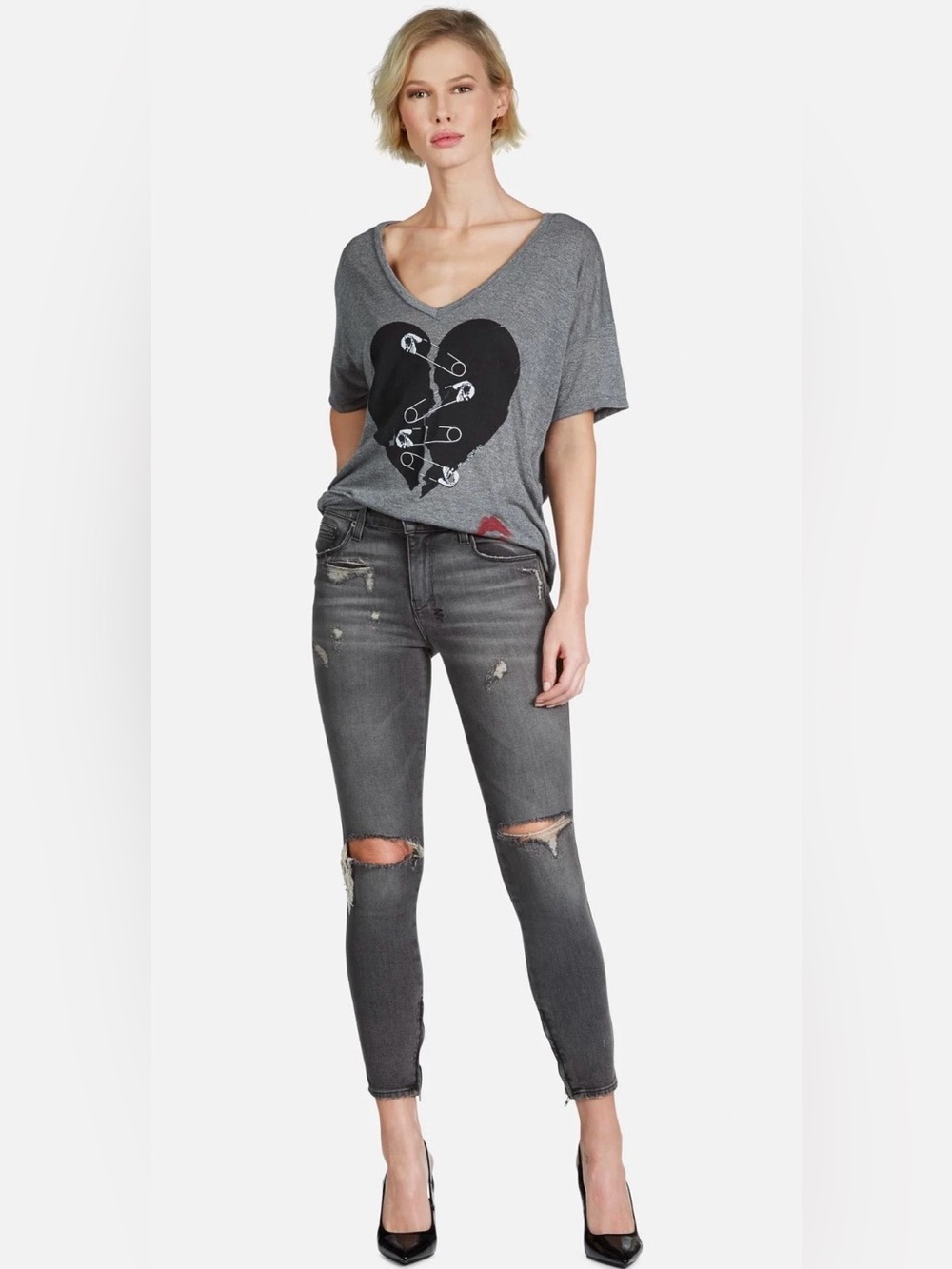 Lauren Moshi/Heather Grey/Brixton Safety Pin Heart Gray/V-Neck T-Shirt/NWT/XL!!